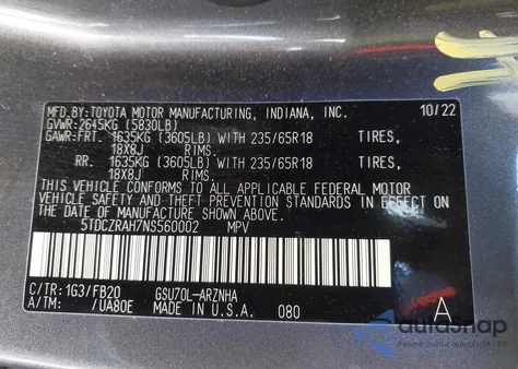 2022 Toyota Highlander L from USA, damaged, VIN 5TDCZRAH7NS560002